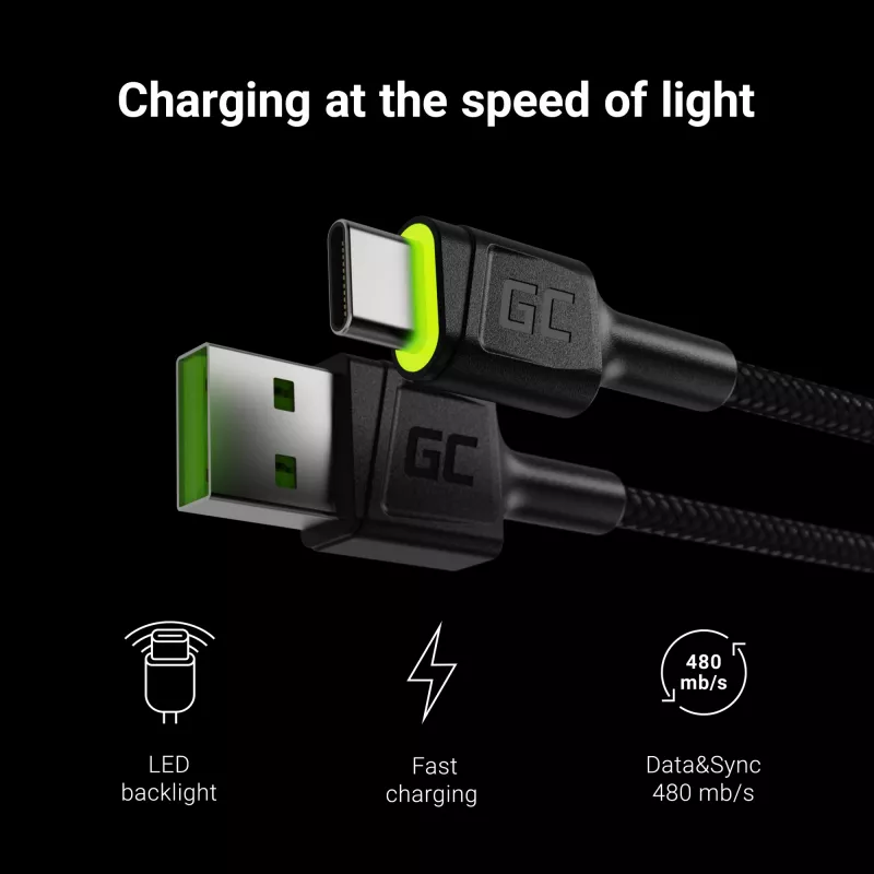 Green Cell KABGC13 USB-kabel USB 2.0 2 m USB A USB C zwart