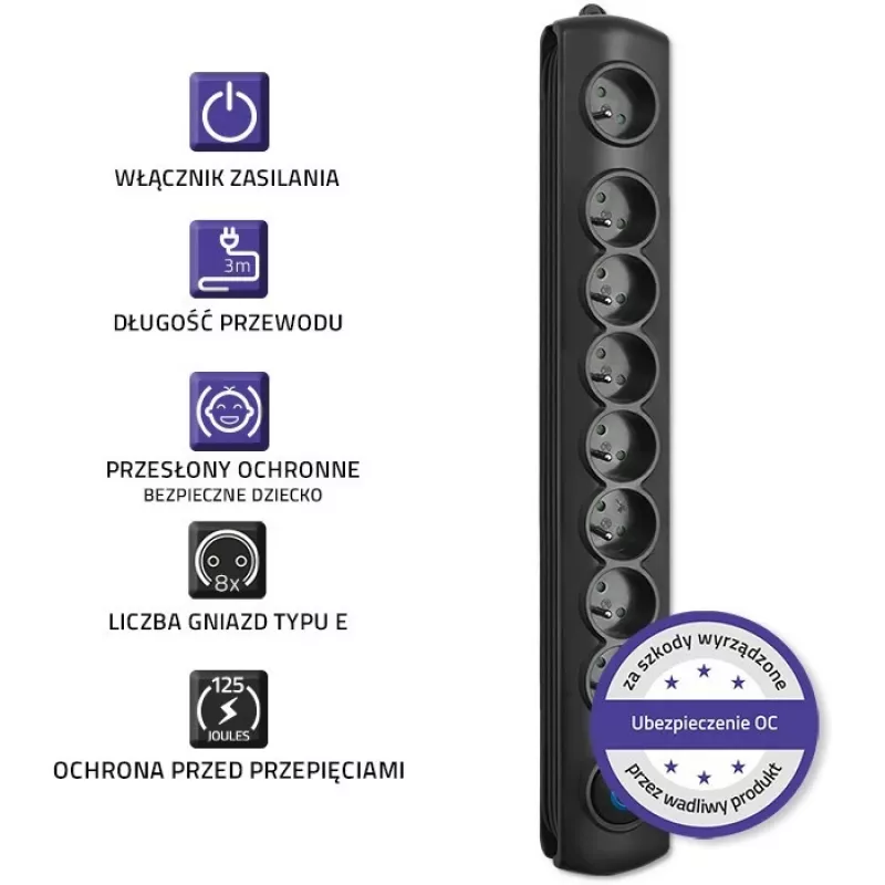 Overspanningsbeveiliging Qoltec 8 stopcontacten 3,0 m 50114