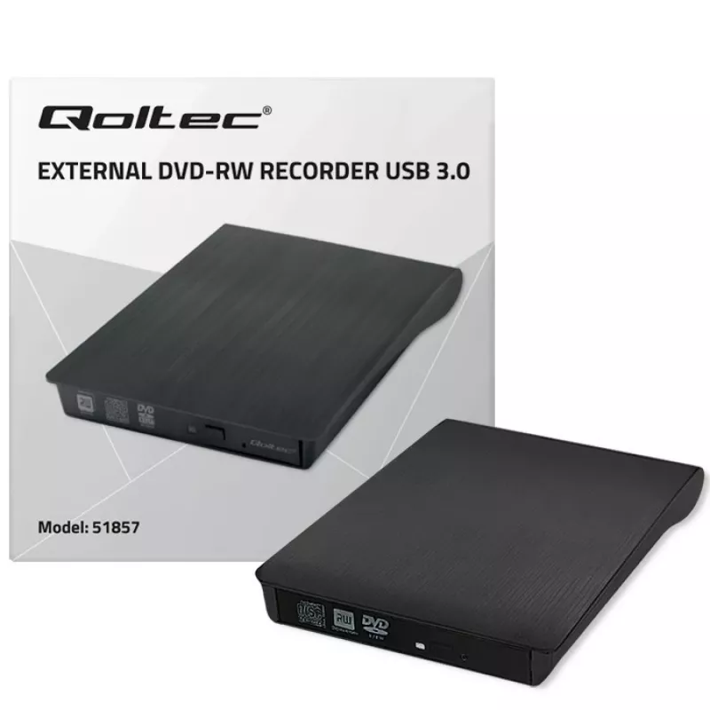 Externe DVD‑RW-drive QOLTEC 51857 — USB 3.0, SATA-interface, DVD±R 8x, DVD±RW 4x, DVD‑RAM 5x, CD 24x, zwart