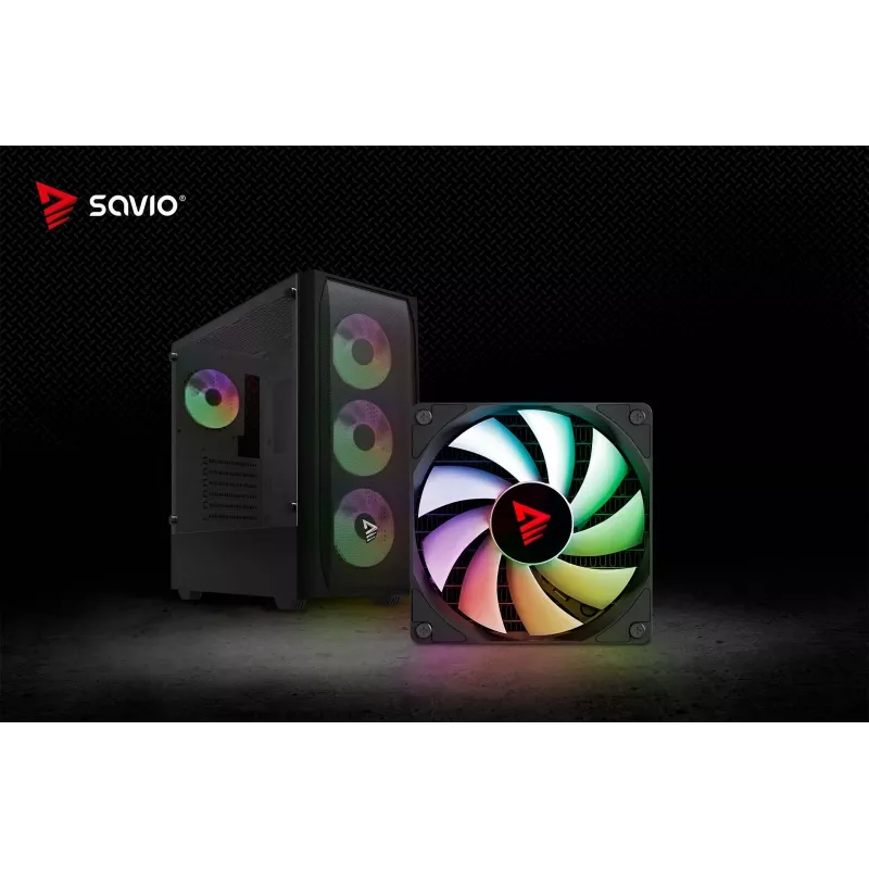 PC-behuizing SAVIO Noctis Flow RGB — Cube, ATX/Mini-ITX, 3x 120 mm frontventilatoren, zijvenster van gehard glas, max. GPU 35 cm