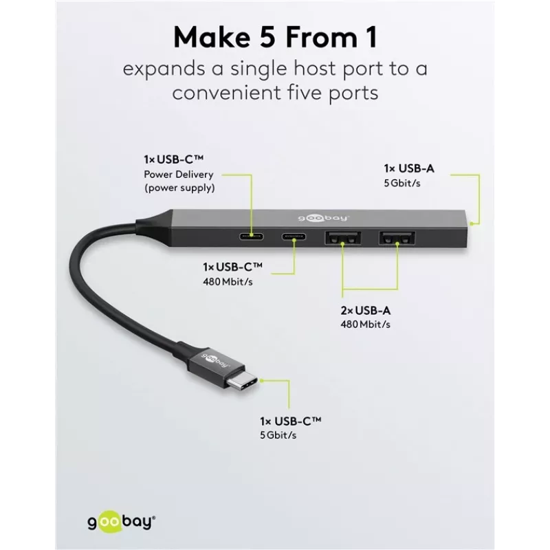 Goobay Slim 5-poorts USB-hub, USB-C™ naar USB-C™/USB-A, USB 3.2 (74460)