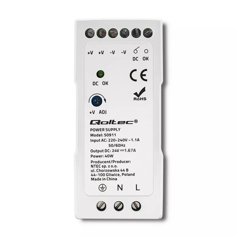 Qoltec DIN-rail voeding | 40W | 24V | 1.67A | wit | slank