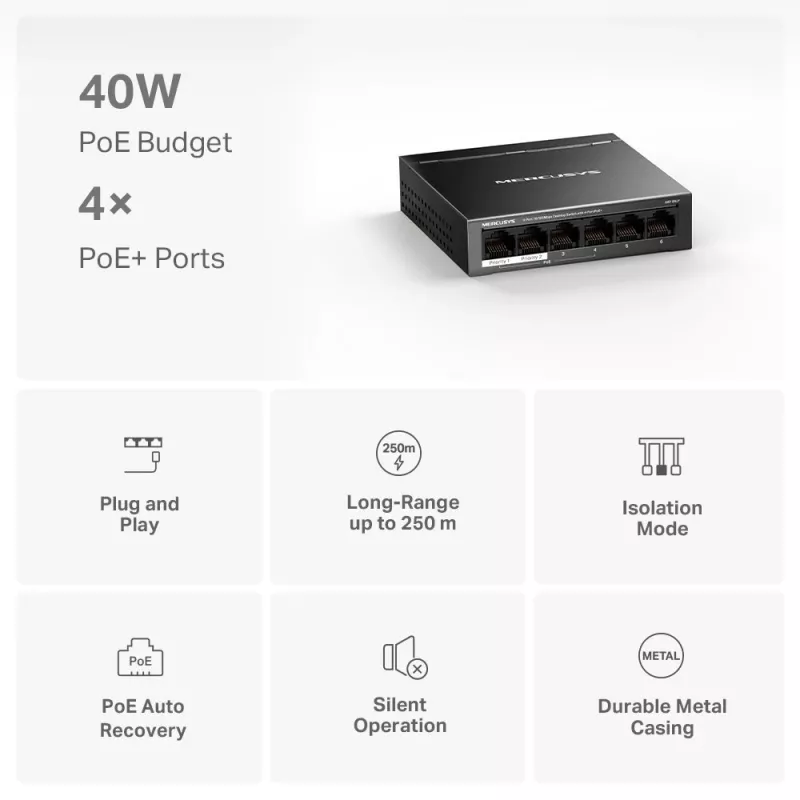 Mercusys 6-poorts 10/100Mbps desktop-switch met 4-poorts PoE+