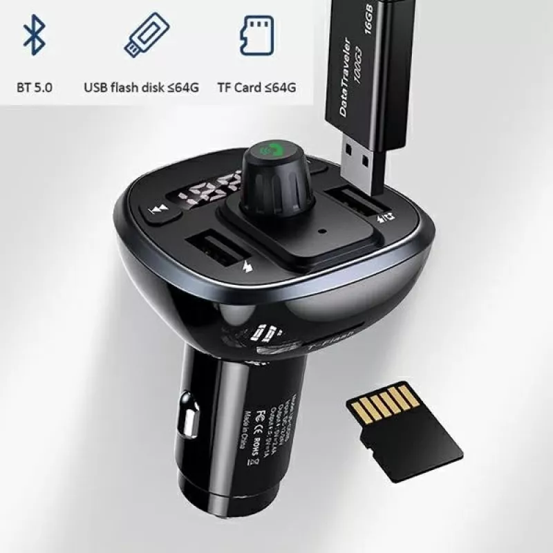 USAMS US-CC115 C21 fm-transmitter voor in de auto met dubbele USB-oplader, Bluetooth 5.0, 3,4 A, zwart