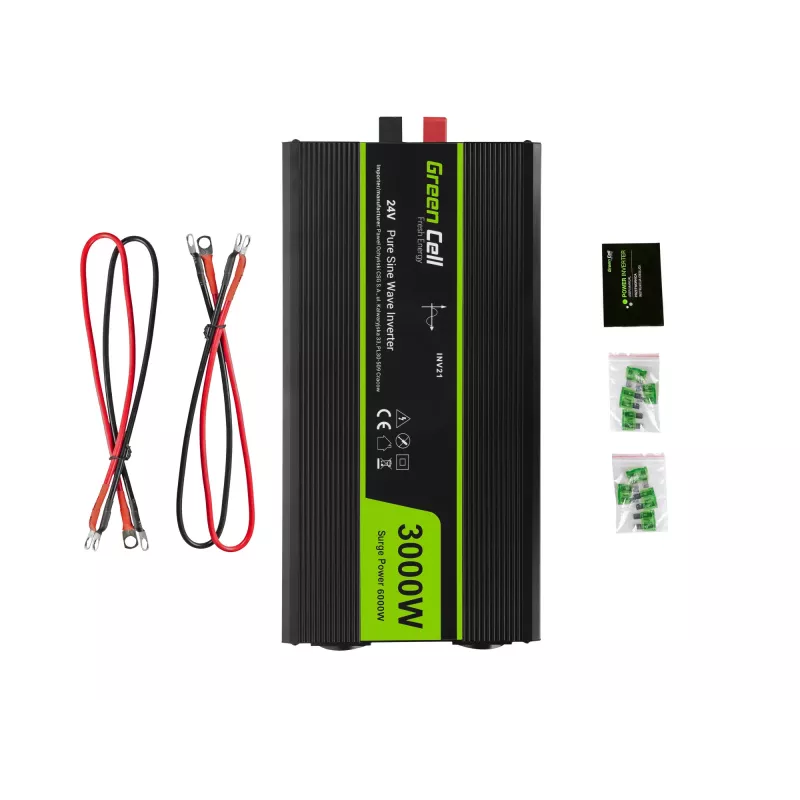 Auto-omvormer Green Cell INV21 6000 W, 24V DC-AC, 230V uitgang, 2x USB PD, actieve koeling, afneembare DC-stekkers, zwart