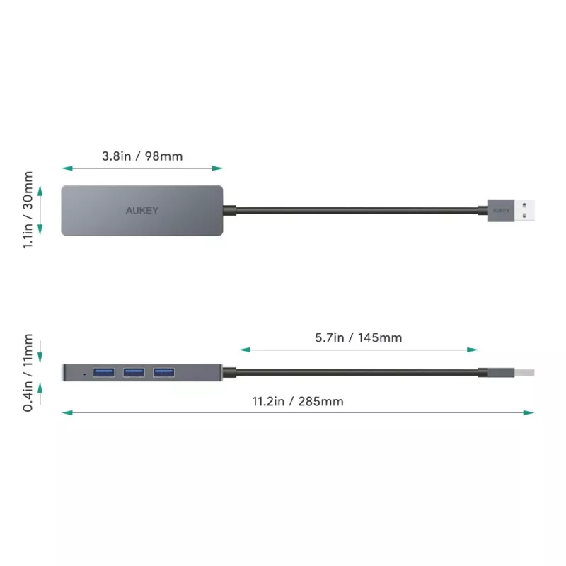 USB-hub Aukey CB-H36 — 4-poorts USB 3.2 Gen 1 Type-A, host USB 2.0, 5000 Mbit/s, aluminium zilver