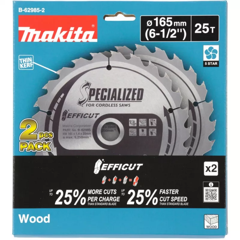 Makita Efficut B-62985-2 cirkelzaagbladen, 165 x 20 mm, 25 tanden, 2 stuks