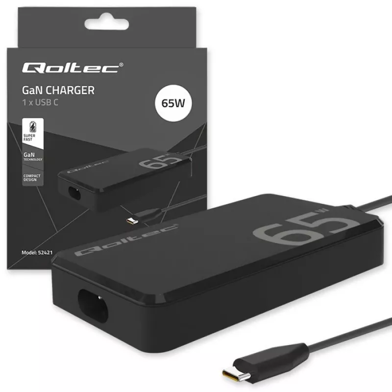 QOLTEC oplader 65W GaN Super Fast slank PD 5-20V 3,25A USB-C