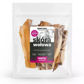 Hondensnacks UNISZKI runderhuid 100 g — natuurlijke runderhuid tandverzorging kauwstrips, 100 g zak, eiwit 65%