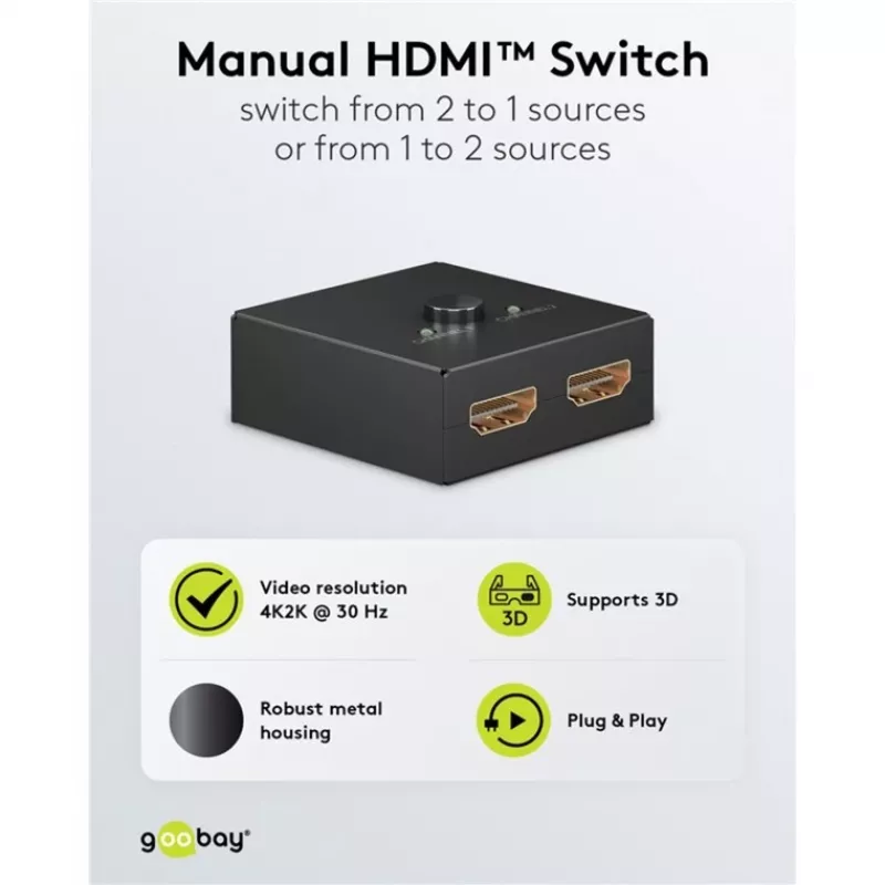 Goobay 58485 Handmatige HDMI-switch 2 naar 1, 4K 30 Hz, Zwart