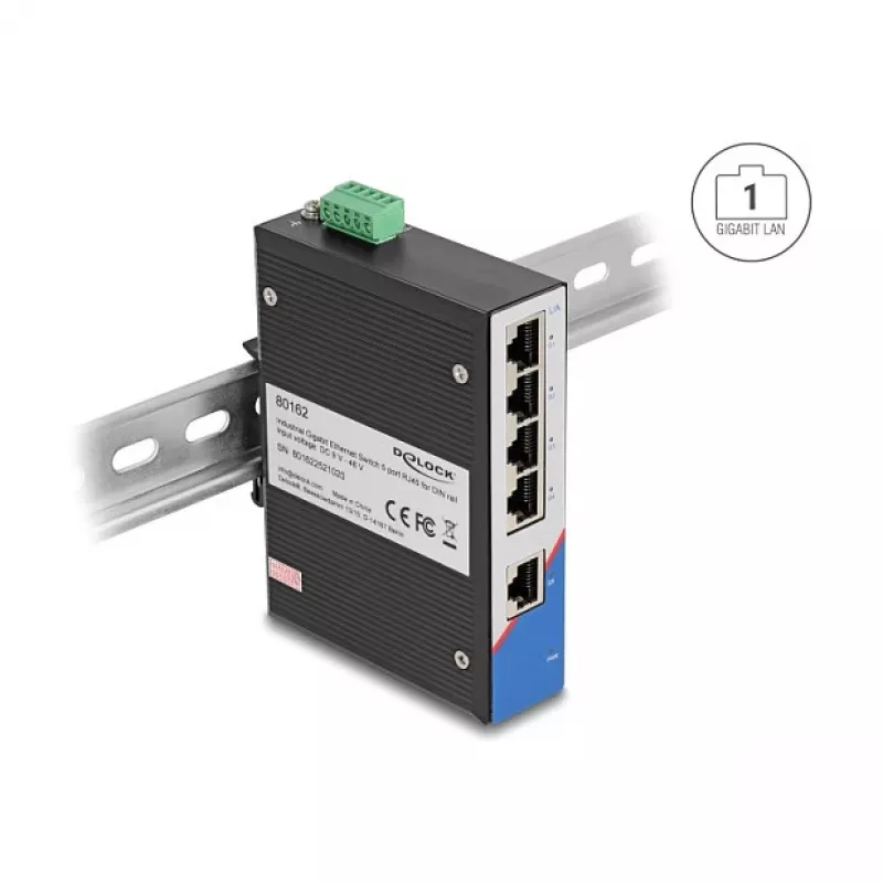 Ethernet-switch DELOCK 80162 — 5-poorts Gigabit RJ45 voor DIN-railmontage