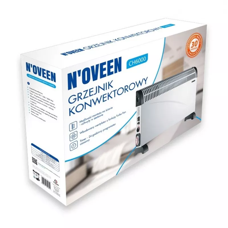 Convector elektrische verwarming NOVEEN CH-6000 TIMER TURBO FAN 2000W 3 vermogensstanden wand-/vloermontage wit