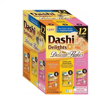 Natvoer voor katten INABA Dashi Delights zachte vlokken kipmix, 12 x 40 g, 86% vocht, 12% eiwit, graan- en glutenvrij