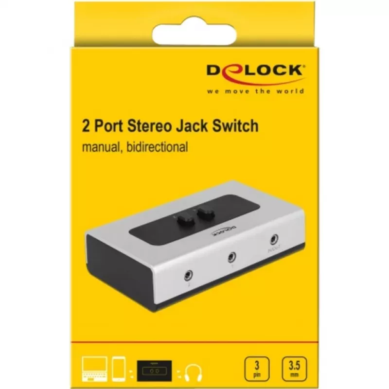 Audio-jack-schakelaar 3,5 mm 2 poorten handmatig bidirectioneel, schakelaar grijs/zwart