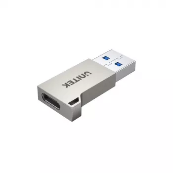 USB Type-A-adapter Unitek A1034NI, zilver, USB 2.0/3.2 Gen1, tot 5 Gbit/s, zinkbehuizing, 36×16,7×5,7 mm