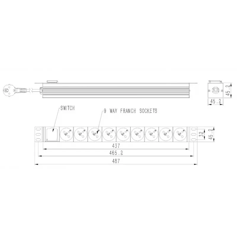 Stroomverdeeleenheid GEMBIRD EG-PDU-9F2F — 9 Franse (type E) stopcontacten, 1H-rack, 16A, 2 m kabel