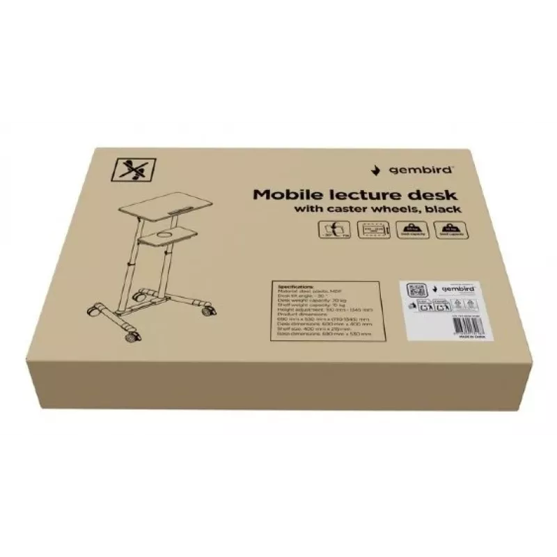 Gembird TVS-DESK-01-BK mobiel staand bureau op wieltjes, in hoogte verstelbaar 111–134,5 cm, kantelbaar 30°, max. 20 kg, zwart