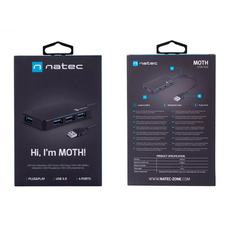 USB-hub NATEC Moth 4-poorts USB 3.2 Gen 1 Type-A (5000 Mbit/s), USB-gevoed, zwart, 0,15 m kabel