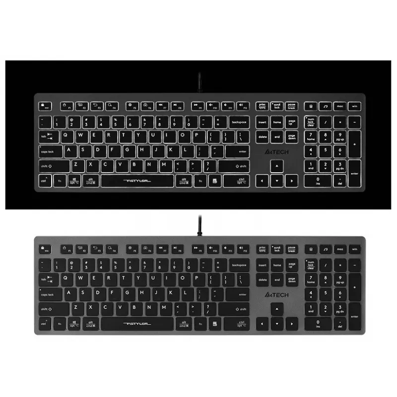 Bekabeld A4Tech-toetsenbord FX60H USB QWERTY – Full-Size 100%, achtergrondverlichting wit, grijs, USB-hub