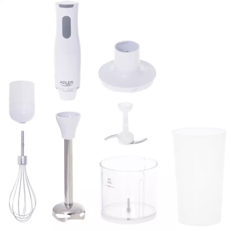Adler AD 4620 staafmixerset, 800 W, 2 snelheden, 450 ml hakker, 750 ml maatbeker, garde, wit