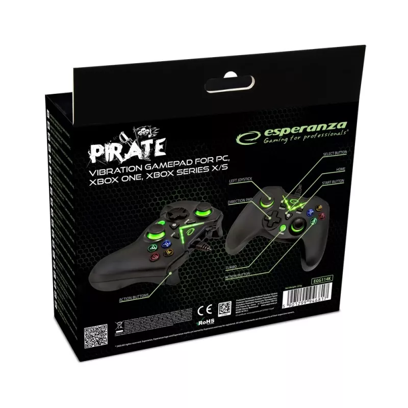 Esperanza EGG114K Pirate gamepad, USB 2.0, analoog/digitaal, voor pc, Xbox One, Xbox Series X/S, zwart
