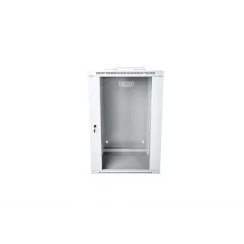 19 15U wand-netwerkkast 600x600, glazen deur, grijs, gedeeld design, gemonteerd, 60kg