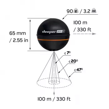Draagbare fishfinder Deeper Smart Sonar PRO+ 2 sonar 675 kHz, 100 m bereik, 65×65×65 mm, Li‑Ion 950 mAh