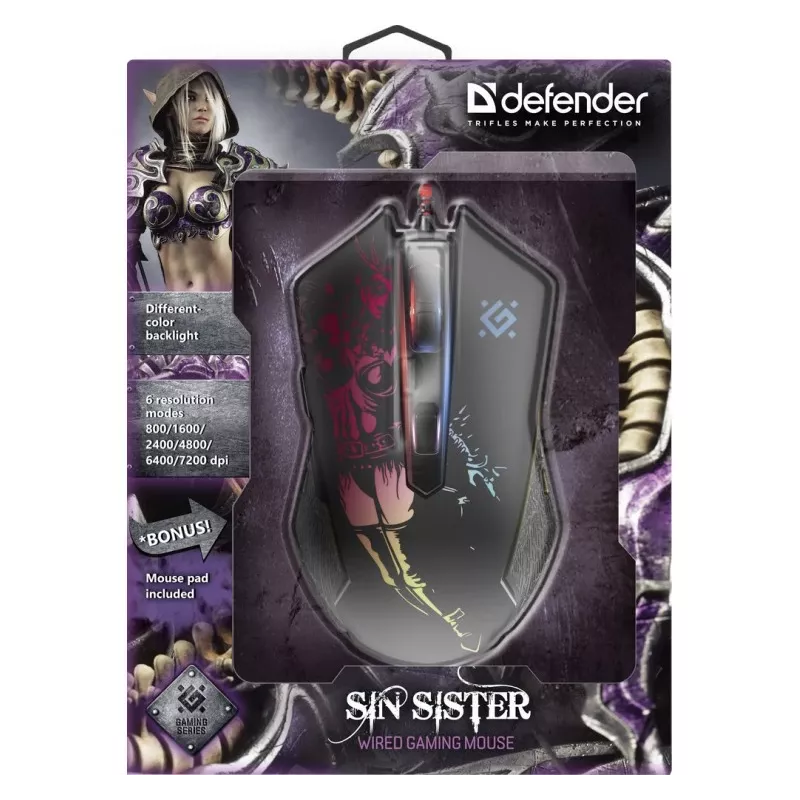 Gaming, optische, bedrade muis DEFENDER GM-933 SIN'SISTER 7200dpi 6P RGB