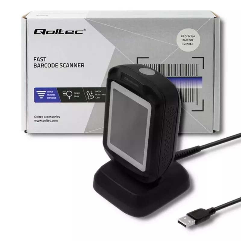 Vaste 1D/2D-barcodescanner QOLTEC 50864, LED-sensor, USB (bekabeld), zwart, 145×85×80 mm