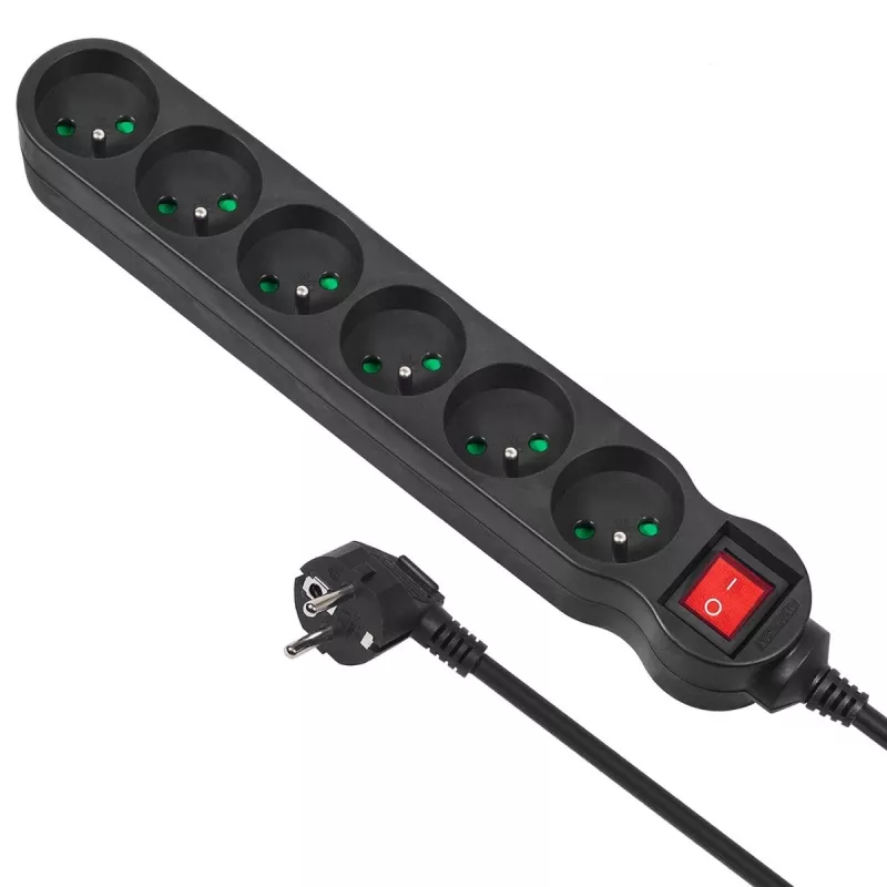 Verlengsnoer MACLEAN MCE225 — 1.5 m kabel, 6 Type F AC-stopcontacten, binnen, zwart