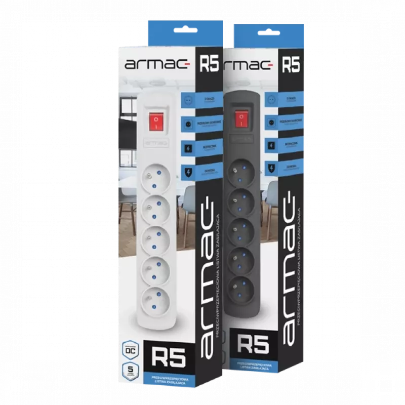 Stekkerdoos ARMAC R5 — 5 stopcontacten, 5 m kabel, zwart