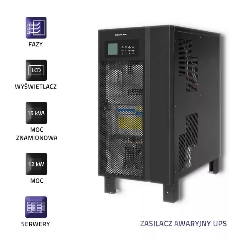Noodstroomvoeding QOLTEC 53949 3-fasig 15 kVA 12 kW met LCD