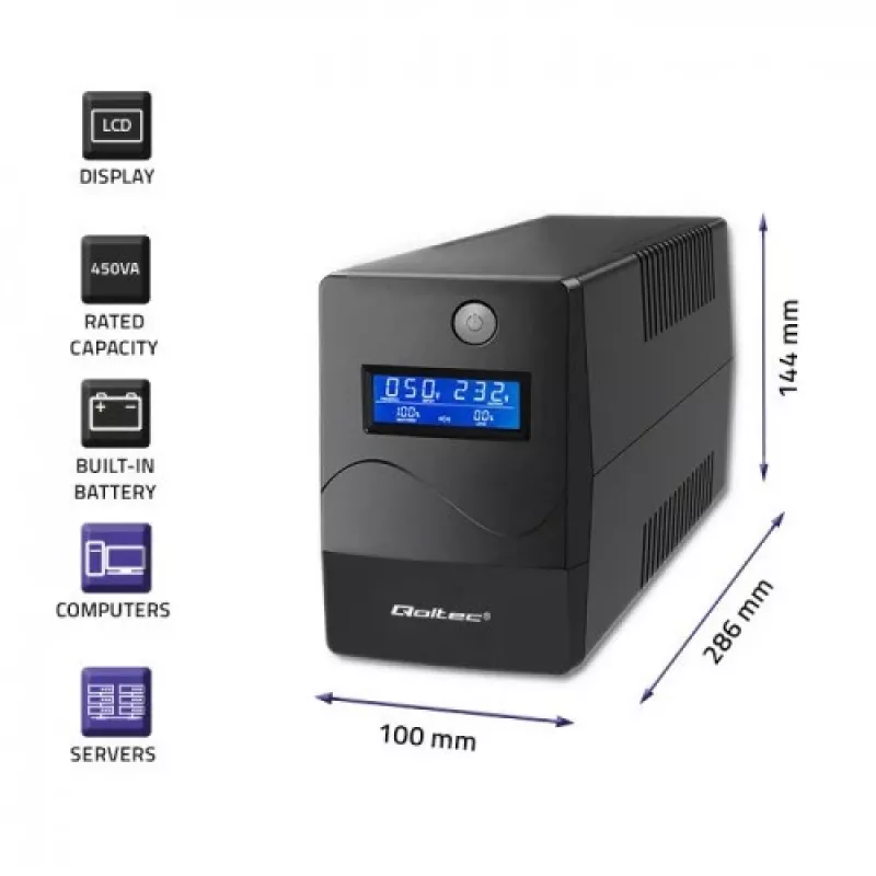 Qoltec Monolith UPS (uninterruptible power supply) dubbelconversie (online) 1 kVA 600 W 2 Schuko-stopcontacten