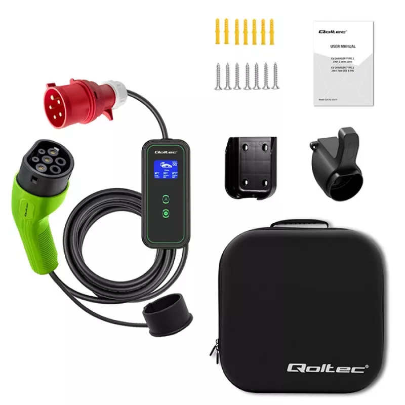 Qoltec Mobiele EV-autolader Verstelbaar 2in1 Type2 | 11kW | CEE 5 PIN | LCD | 3 fasen | Draagbaar | Wallbox | 5m