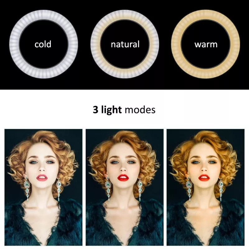 Maclean MCE610 10 12W LED ringlicht met statief en Bluetooth-ontspanner, 3 kleuren, 10 helderheidsniveaus, 10% -100% instelbare helderheid, 160 LED, smartphone-houder, verlichtingslicht