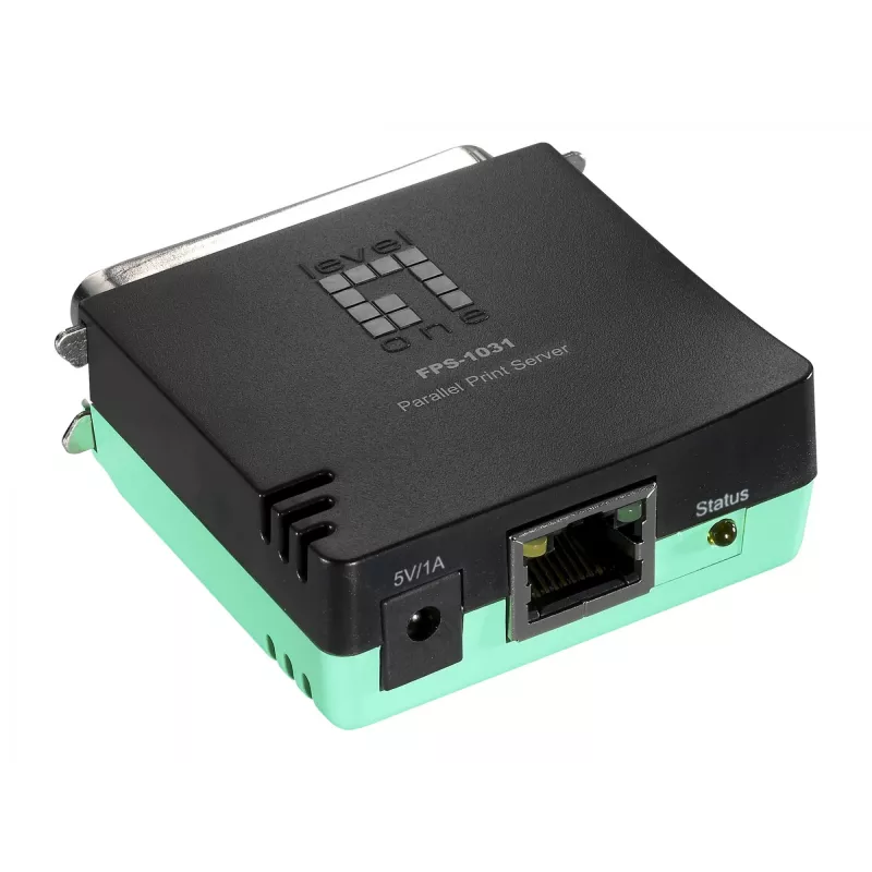 LevelOne parallel-printserver, zwart, groen, activiteit, link, stroom, status, Taiwan, Ethernet LAN, IEEE 802.3, IEEE 802.3u, 10,100 Mbit/s