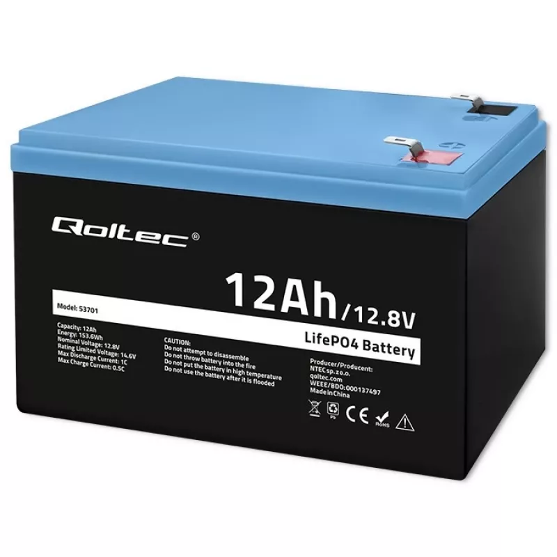 Qoltec LiFePO4 Lithium-ijzerfosfaat-accu 12,8 V 12 Ah 153,6 Wh met BMS