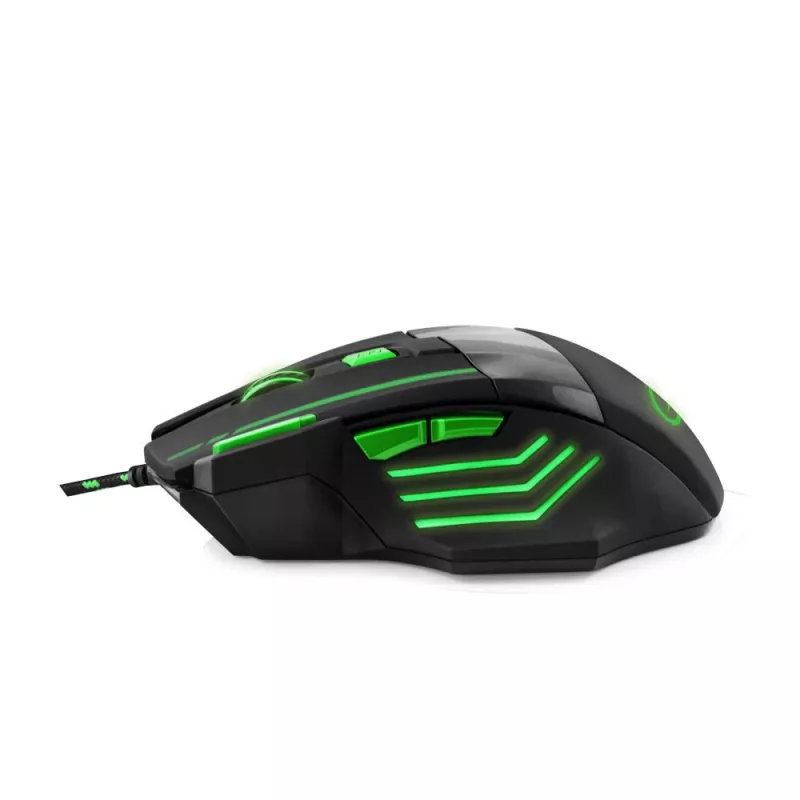 Bedrade gaming-muis ESPERANZA EGM201G — rechtshandig, optisch 2400 DPI, 7 knoppen, USB Type-A, 1,5 m kabel, zwart/groen