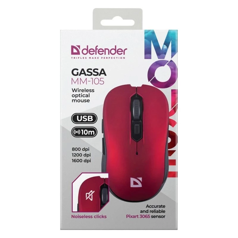 Draadloze RF stille muis DEFENDER Gassa MM-105 — dubbelhandig, 1600 DPI, 2,4 GHz, nano-USB-ontvanger