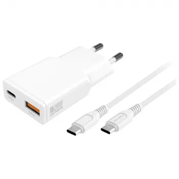 AC Indoor Mobile Device Charger 4smarts 541509 — 100–240V, USB-A + USB-C, 1,5 m kabel, snelopladen, wit