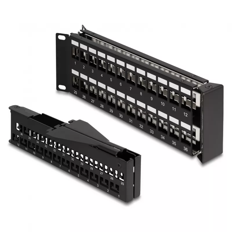 DeLOCK 19 inch Keystone patchpanel 48 poorten met trekontlasting 2U haaks zwart