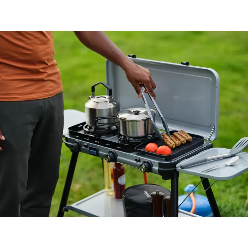 Camping Kitchen 2 Multi Cook Plus, gasstel grijs, 2 kookzones 2x 1,8 kW + grillplaat 0,9 kW, model 2025