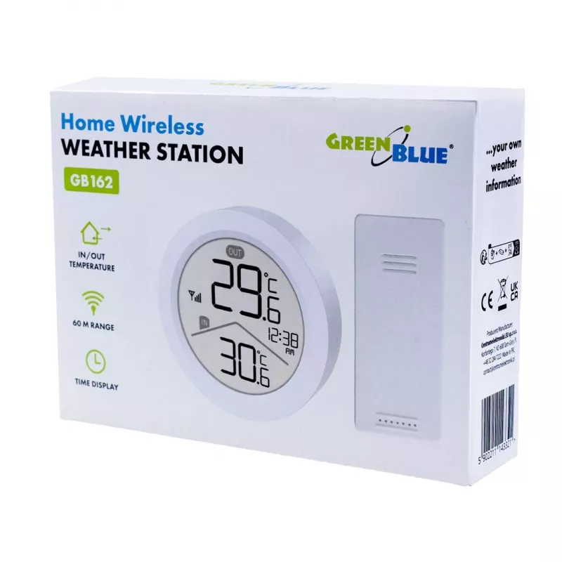 GreenBlue draadloos weerstation, IN/OUT temperatuur, klok, °C/°F selecteerbaar, bereik tot 60 m, GB162