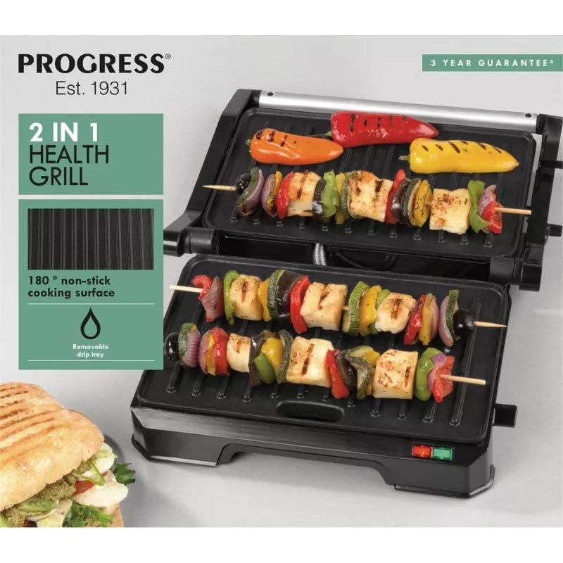 Elektrische 2-in-1 gezondheidsgrill Progress EK5854PVDE met antiaanbakplaten en instelbare temperatuur