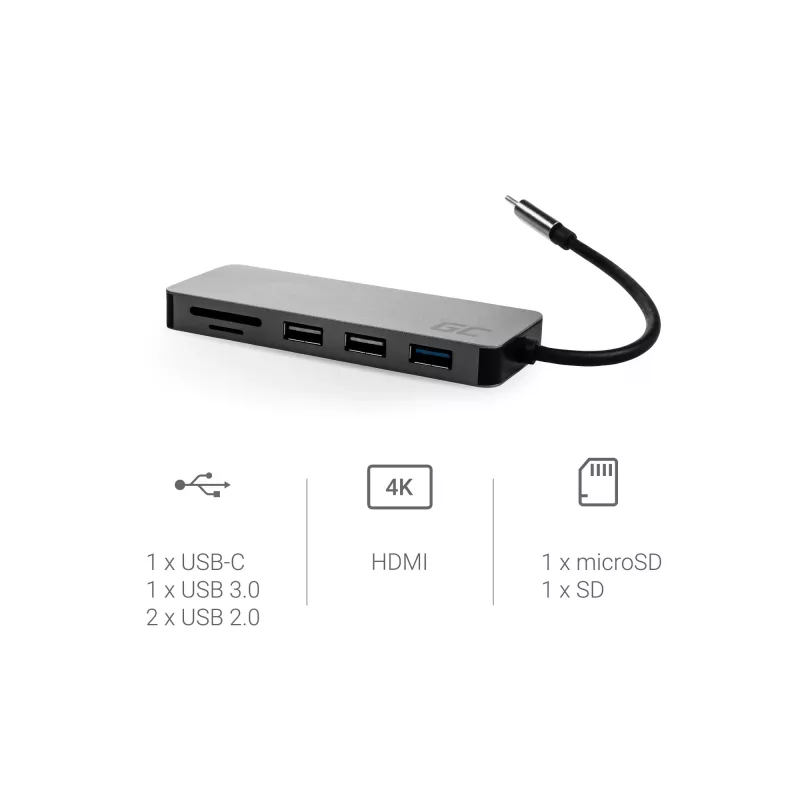 Green Cell AK50 - USB 3.2 Gen 1 (3.1 Gen 1) Type-C - USB 2.0 - USB 3.2 Gen 1 (3.1 Gen 1) Type-A - USB 3.2 Gen 1 (3.1 Gen 1) Type-C - MicroSD (TransFlash) - SD - zilver - Apple MacB
