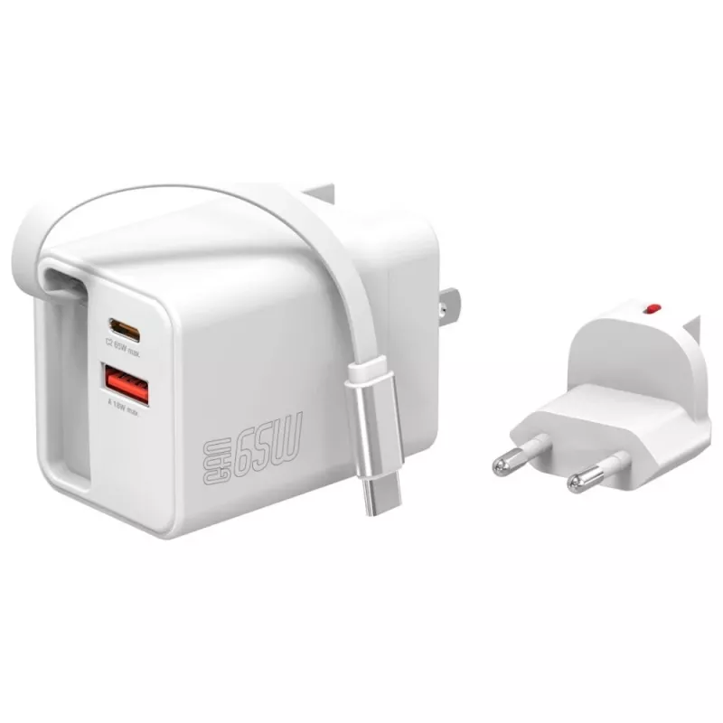 4smarts 541065 GaN Flex Jojo 65W wandlader, 2x USB-C PD + USB-A QC 3.0, intrekbare USB-C-kabel, 100-240V, wit