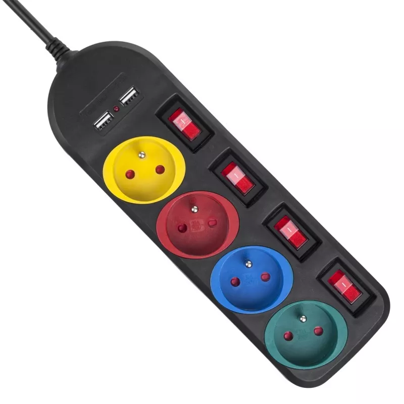 Stekkerdoos MACLEAN MCE229B — 4 AC-stopcontacten, 2× USB-A, 1,5 m kabel, 10 A, type F, binnen, zwart
