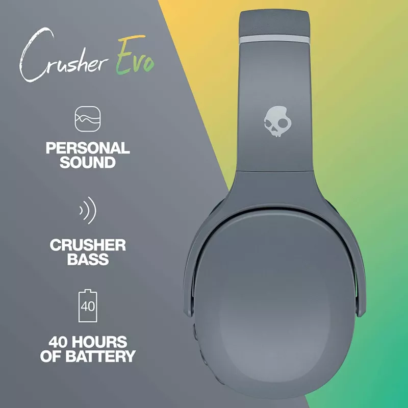 Koptelefoon Skullcandy Crusher Evo — bedraad & Bluetooth, grijs, 40 uur accu, USB-C, AUX, opvouwbaar