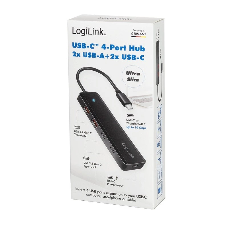 USB-C-hub, 4 poorten 2x USB-A, 2x USB-C, zwart