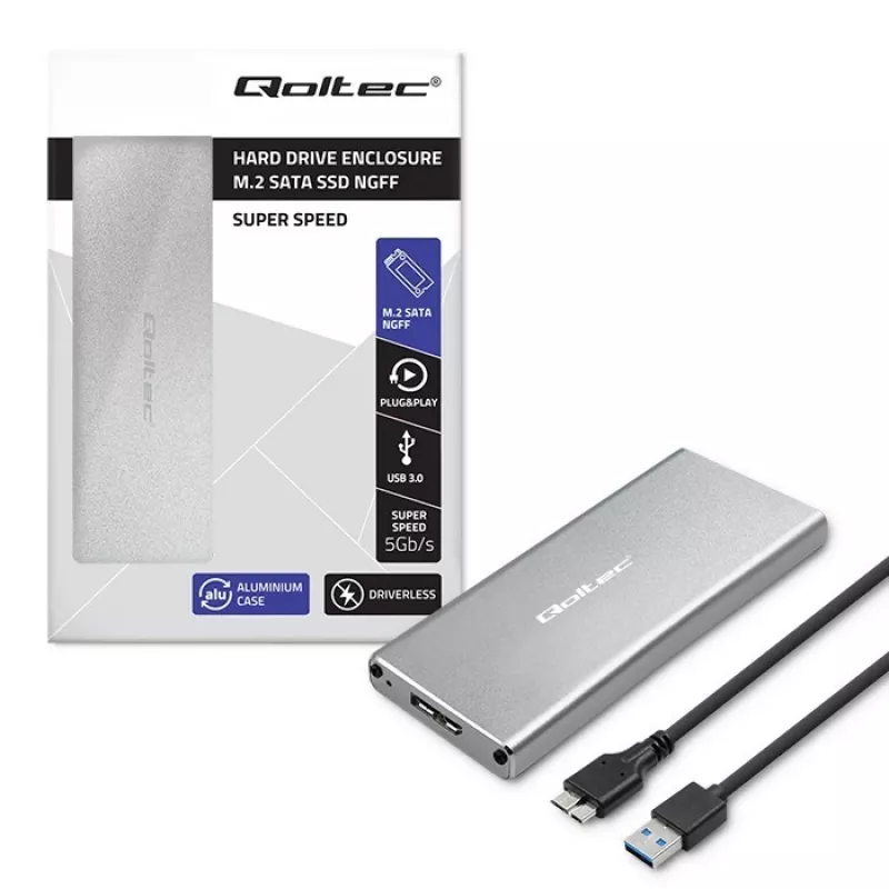 Aluminium behuizing QOLTEC 51833 voor M.2 SSD, SATA naar USB 3.0, ondersteunt tot 2 TB